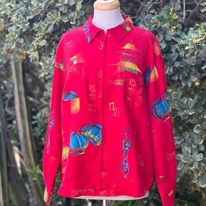 CHICOS Red Asian print faux microsuede jacket|size 3 (XL)
